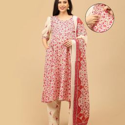The Mom Store Cotton Knit Three Fourth Puffed Sleeves Floral Printed Maternity & Side Zipper Nursing Access Kurti With Coordinating Pant & Dupatta Set - Multi Colour-picture-26