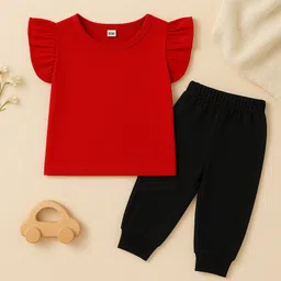 Luke and Lilly Cotton Knit Frill Sleeves Solid Top & Joggers Set - Red & Black-picture-18