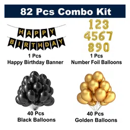 Bubble Trouble Happy Party Studio 7th / 7 Year Birthday Decoration 82 Combo Kit - Black Birthday Backdrop Banner, Black & Golden Metallic Balloons Party Decorations Set Items image 2