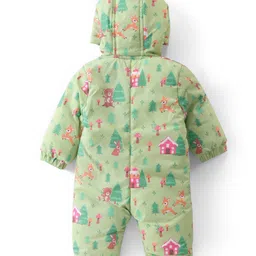 Babyhug Woven Full Sleeves Hooded   Winter Romper with Zipper Christmas Theme - Limegreen image 2