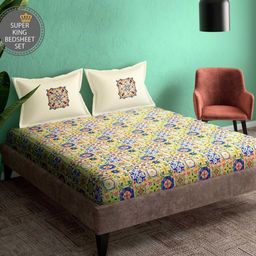 Portico Ceramica Off White Floral Cotton 164 TC Super King Bedsheet Set-2.74 m x 2.74 m-picture-46