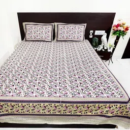 Marika White & Purple Floral 260 TC King Bedsheet with 2 Pillow Covers-picture-14