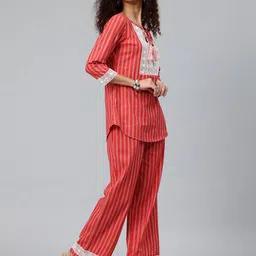 Cottinfab Vertical Stripes Tie-Up Neck Lace Inserts Pure Cotton Longline Top with Palazzos image 4