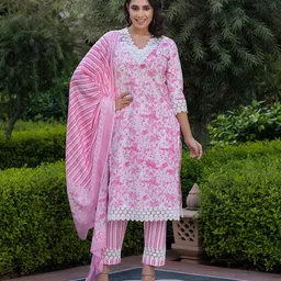 KALINI Women Floral Printed Regular Pure Cotton Kurta with Trousers & With Dupatta image 3