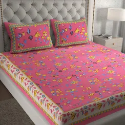 KD PRINTS Pink & Yellow Floral 180 TC Bedsheet Set 76.2 m-image-53