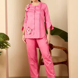 First Resort by Ramola Bachchan Embroidered Round Shirt With Trousers Co-Ords image 4