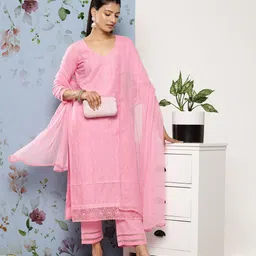 Libas Women Pink Floral Embroidered Thread Work Pure Cotton Kurta with Trousers & With Dupatta-picture-37