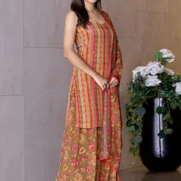 MOJILAA Striped Printed Beads And Stones Mirror Work Kurta With Palazzos & Dupatta image 4