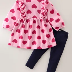 CrayonFlakes Full Sleeves Hearts  Printed  & Frill Detailed Polar Fleece Dress Cotton Leggings Set - Pink-picture-13