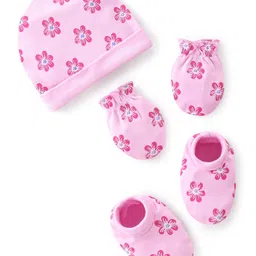 Babyhug 100% Cotton Knit Cap Mittens & Booties Set Floral Print- Pink-picture-16