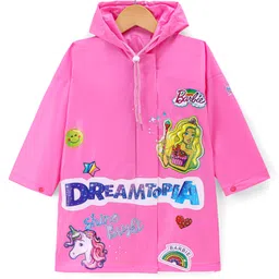 Babyhug Full Sleeves Below Knee Length Hooded Raincoat with Barbie Print - Fuschia-picture-16