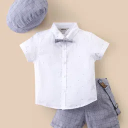 ToffyHouse Poplin Woven Half Sleeves Printed Shirt & Shorts Set with Hat Bow & Suspender - Grey & White-picture-24