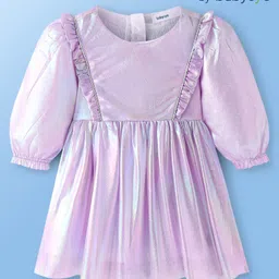 Babyoye Full Puffed SleevesSolid Color Holographic Party Frock - Off White & Purple-picture-18