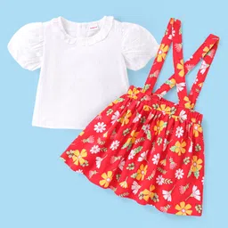 Babyhug Cotton Knit Half Sleeves Schiffli Top & Floral Printed Skirt With Suspender - White & Red-image-35