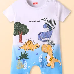 Babyhug Interlock Knit Half Sleeves Romper With Dino Print - White & Blue-image-74