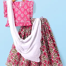 Babyhug Cotton Woven Frilled Sleeves Floral Printed Choli Lehenga Set with Dupatta - White & Pink-picture-11