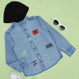 Pantaloons Junior Cotton Full Sleeves Typography Printed Shirt With Detachable Hood - Blue image 1