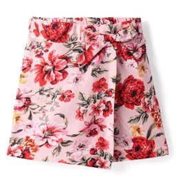 CrayonFlakes Rayon Floral Printed Bow Applique Detailed Skorts - Pink-image-20