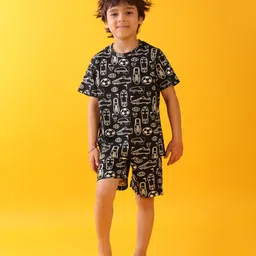 Anthrilo Cotton Knit Half Sleeves Football Theme Printed Tee & Coordinating Shorts Set - Black-image-81