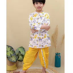 Superminis Cotton Full Sleeves Animals Printed Dhoti Kurta Set - Yellow & White-picture-28