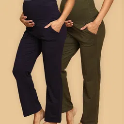 The Mom Store Cotton Pack Of 2 Solid Maternity Track Pants - Olive Green & Navy Blue-picture-26