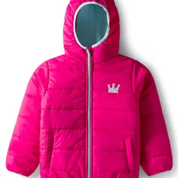 Babyhug Woven Full Sleeves Hooded Padded Jacket With Alphabet Patch - Pink-picture-17