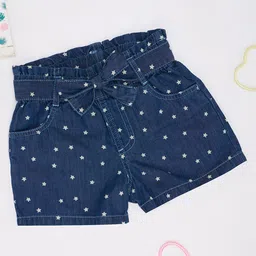 Pantaloons Junior Cotton Woven Stars Printed Shorts With Belt - Blue-image-45