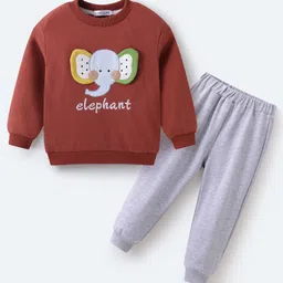 Mark & Mia Cotton Full Sleeves Winter Wear T-Shirt & Lounge Pant Set With Elephant Applique & Text Print - Rust Orange-picture-31