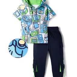 OLLINGTON ST. 100% Cotton Knit Half Sleeves Printed Hooded T-Shirt & Jogger Set - White & Navy Blue-picture-33