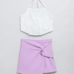 Taffykids Net Knit Sleeveless Threadwork Embroidered Halter Neck Crop With Skort Set - White & Lilac-picture-21
