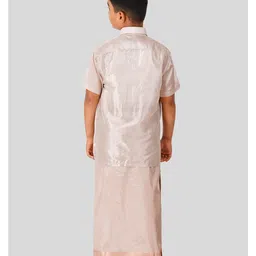 THANGAMAGAN Viscose Woven Half Sleeves Solid Shirt & Foil Striped Self Attaching Dhoti Set - Light Ash image 3