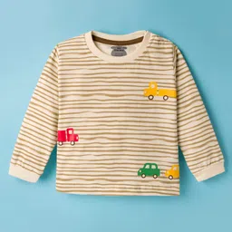 Mini Taurus Sinker Knit Full Sleeves Striped Night Suit with Vehicle Print - Olive Green image 2