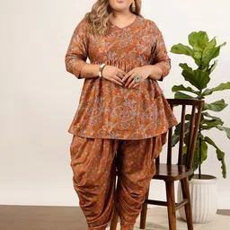 indo street Women Floral Printed Angrakha Sequinned Kurti with Dhoti Pants-picture-36