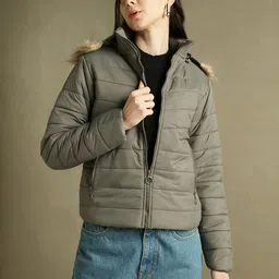 DL Woman Hooded Faux Fur Trim Padded Jacket-image-30