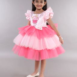 Pink Chick Girls Colourblocked Flutter Sleeve Layered Net Fit & Flare Dress-picture-22