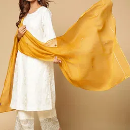 Fabindia Floral Embroidered Mukaish Cotton Silk Dupatta-image-60