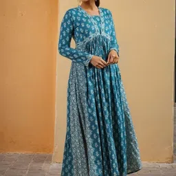 SZN Women Turquoise Blue Floral Printed Alia Cut Anarkali Cotton Dress image 3