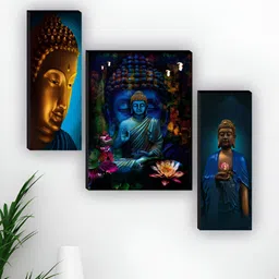 SAF Blue & Brown 3 Pieces Buddha Religious Printed Wooden Wall Art image 2
