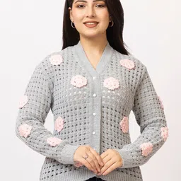 LASOON Women Embroidered Woollen Cardigan with Embroidered Detail-image-7