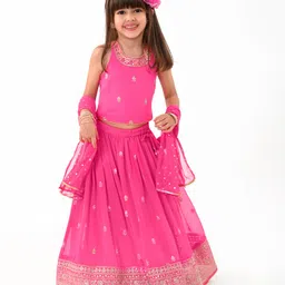 Babyhug Sleeveless Georgette Woven Mirror Work Embroidered Choli Lehenga with Dupatta - Pink-picture-26