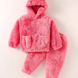 Kookie Kids Fur Woven Hooded Winter Night Suit With Ear & Pocket Detailing - Baby Pink-image-12