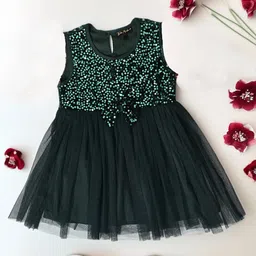 Bella Moda  Sleeveless Bow Applique Sequin Embellished Dress - Dark Green-image-0
