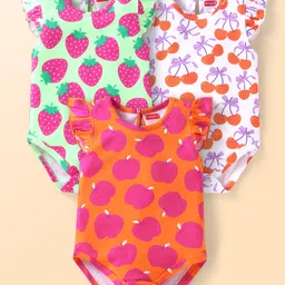 Babyhug 100% Cotton Knit Frill Sleeves Onesies With Fruit Print Pack of 3 - White Orange & Light Green-image-39