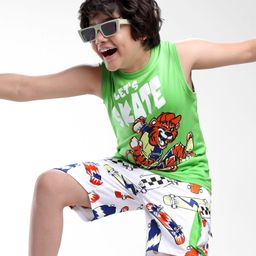 Ollington St. Cotton Knit SleevelessTiger Printed Tank T-Shirt & Shorts Set - Light Green & White-image-44