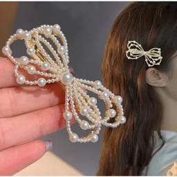 Ziory Pearls Embellished Bow Designed Hair Clip - Golden-picture-11