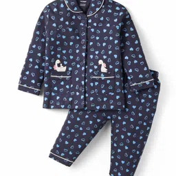 CUCUMBER Sinker Knit Full Sleeves Co-ord Night Suit with Heart Print- Navy Blue-picture-31