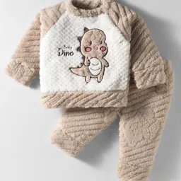 Mom's pet Fur Knit Full Sleeves Dinosaur Embroidered Sweatshirt With Joggers Set - Brown-picture-15