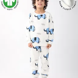 Anthrilo Fleece Knit Full Sleeves Elephant Printed Coordinating Winter Sweatshirt & Jogger Set - White-picture-14