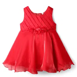 Babyhug Woven Sleeveless Flared Partywear Dress with Pintuck Detailing & Floral Corsages - Red image 2