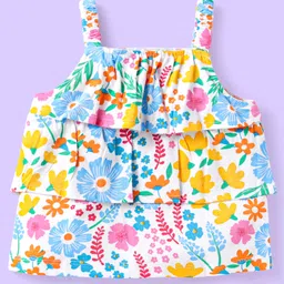 Babyhug Single Jersey Knit Sleeveless Top & Shorts Set with Floral Print - White & Blue image 3